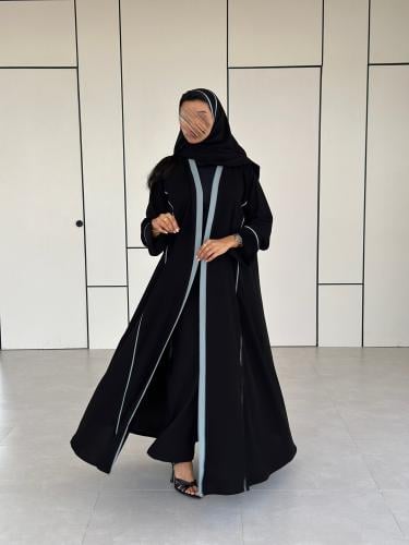 Royal crepe abaya with sky blue crepe, gathered st...