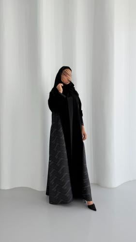 Black crepe abaya with jacquard, open front, with...