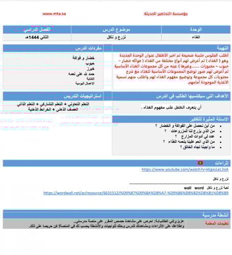 تحضير وحدة الغذاء منصة روضتي