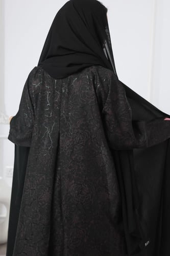 عباية سوداء جاكار أغصان بنفسجي لمعة ناعمة