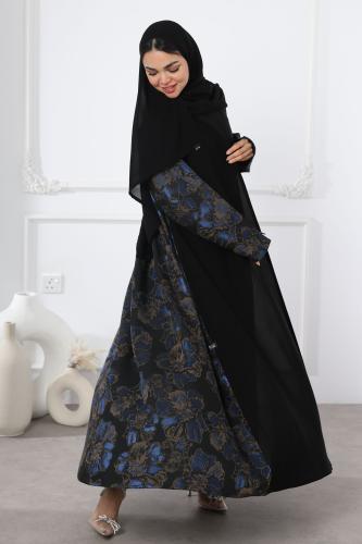 عباية سوداء جاكار ورد كحلي من الخلف