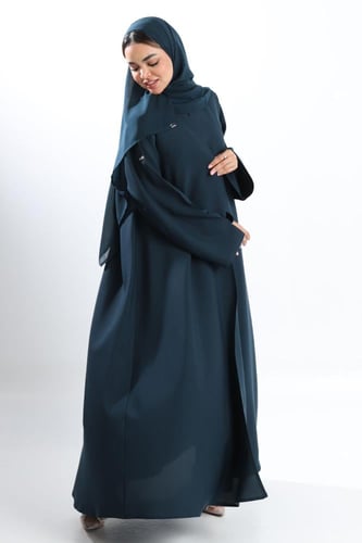 عباية كتان أكمام واسعة بفتحة ناعمة تركواز