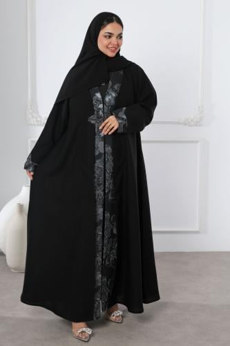 عباية ياقة واكمام مطرزة بفتحة مثلثة