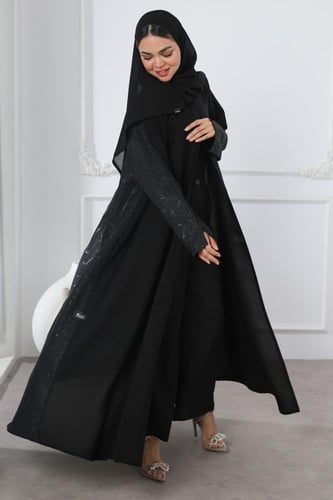 عباية سوداء جاكار أغصان سوداء لمعة ناعمة