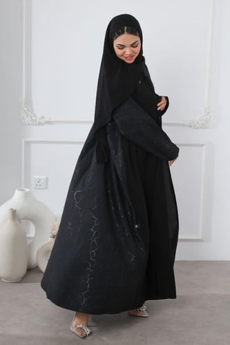 عباية سوداء جاكار أغصان كحلية لمعة ناعمة