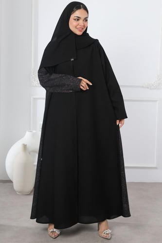 عباية سوداء جاكار أغصان بنفسجي لمعة ناعمة