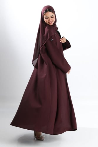 عباية كتان أكمام واسعة بفتحة ناعمة عنابي