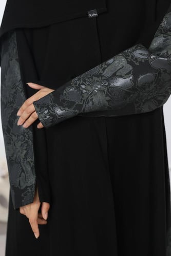 عباية سوداء جاكار ورد زيتي من الخلف