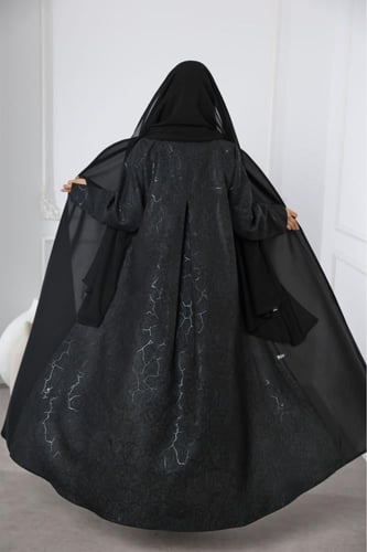 عباية سوداء جاكار أغصان سوداء لمعة ناعمة