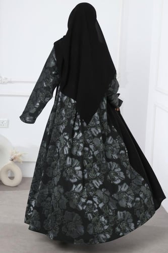 عباية سوداء جاكار ورد زيتي من الخلف