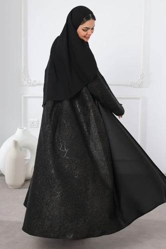 عباية سوداء جاكار أغصان بني لمعة ناعمة