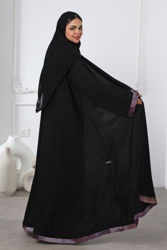 عباية سوداء شريط بنفسجي بالأكمام والأسفل