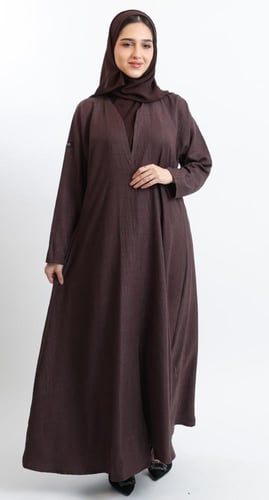 عباية نصف كلوش بني- لينن قطني