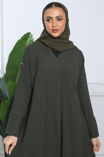 عباية كلوش كريب أمريكي أكمام بكسرات زيتي