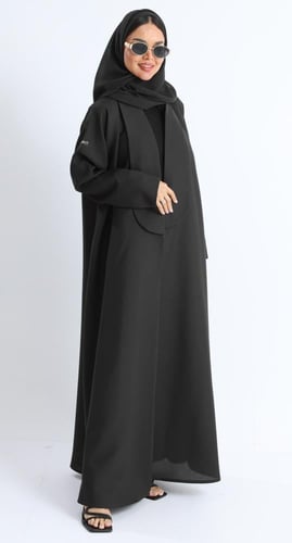 عباية ياقة طويلة أسود - كتان