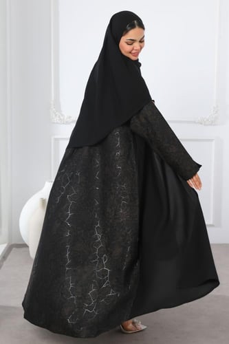 عباية سوداء جاكار أغصان بني لمعة ناعمة