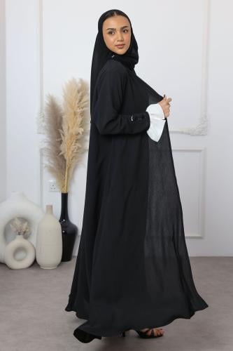 عباية كريب أمريكي كلوش وأكمام بيضاء بأزرار