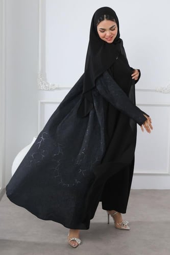 عباية سوداء جاكار أغصان كحلية لمعة ناعمة