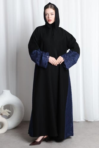 عباية دانتيل كحلي بالأكمام والجوانب