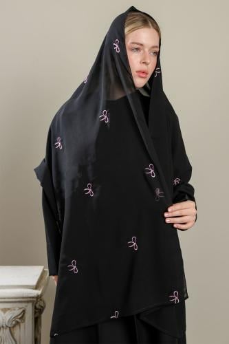 طرحة سوداء تطريز زهري فيونكات
