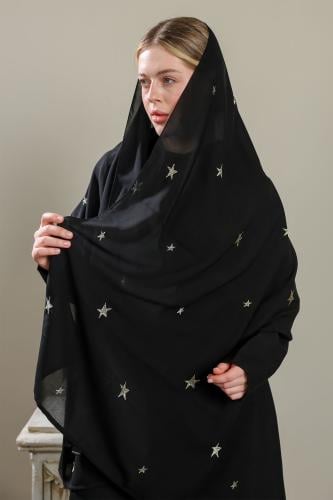 طرحة سوداء تطريز ذهبي نجوم
