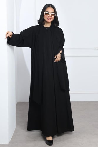 عباية أكمام مفتوحة كتان أسود