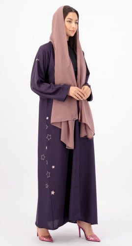 عباية بنفسجي زهري بتطريز نجوم حرير بارد