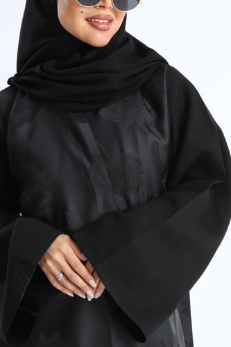 عباية نصف كلوش جاكار ورد أكمام سادة
