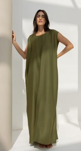 فستان عباية زيتي حرير بارد