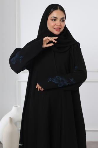 عباية سوداء أكمام مثلثة ورد كحلي