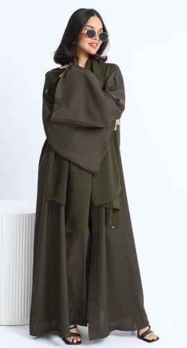 عباية أكمام واسعة زيتي داكن - حرير بارد