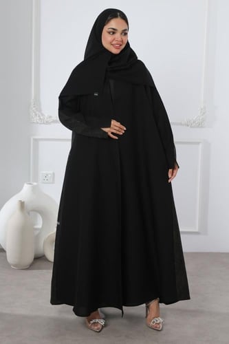 عباية سوداء جاكار أغصان بني لمعة ناعمة