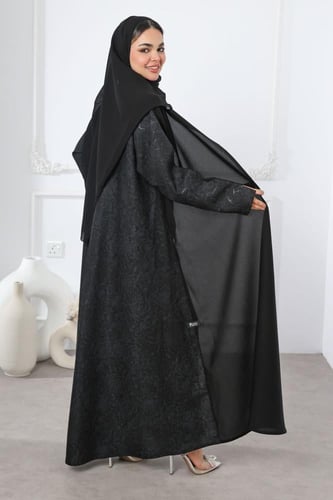 عباية سوداء جاكار أغصان سوداء لمعة ناعمة