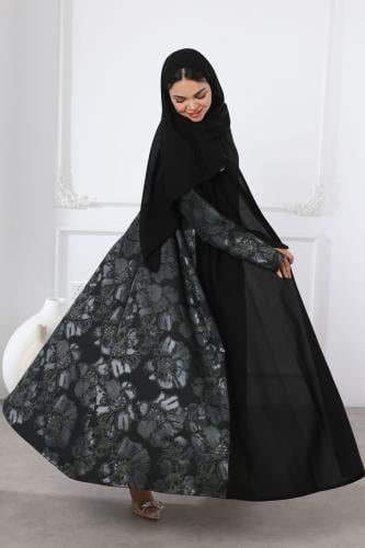 عباية سوداء جاكار ورد زيتي من الخلف