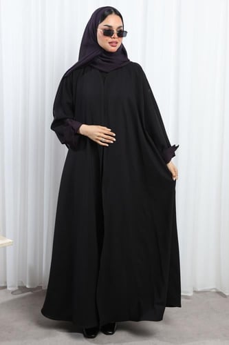 عباية دبل فيس أسود وبنفسجي أكمام مفتوحة
