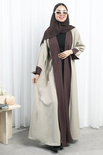 عباية دبل فيس بني وسكري أكمام مفتوحة