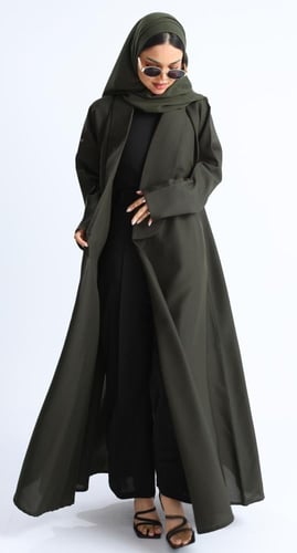 عباية ياقة طويلة زيتي - كتان