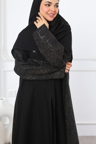 عباية سوداء جاكار أغصان بني لمعة ناعمة