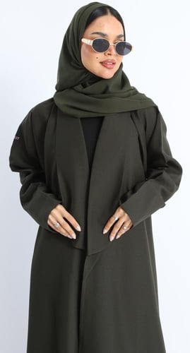 عباية ياقة طويلة زيتي - كتان