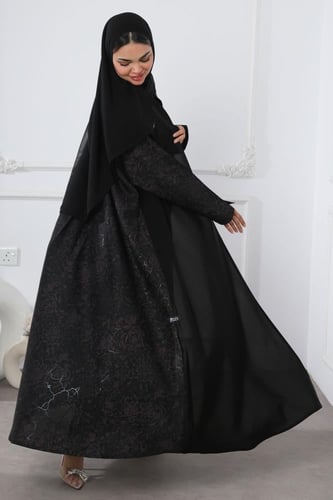 عباية سوداء جاكار أغصان بنفسجي لمعة ناعمة