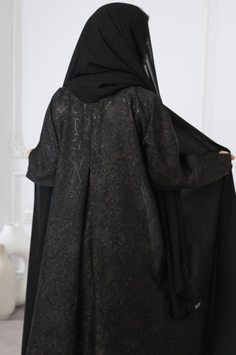عباية سوداء جاكار أغصان بني لمعة ناعمة