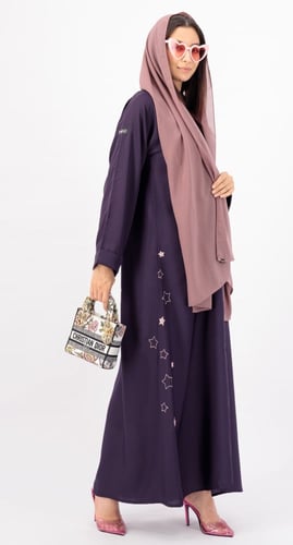 عباية بنفسجي زهري بتطريز نجوم حرير بارد
