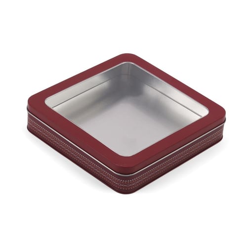 علبة معدنية مربعة بغطاء ونافذة شفافة فاخرة لون عود...