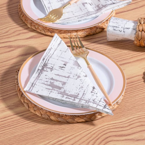 مجموعة (20) منديل أبيض فاخر بنمط فضي - طبقتين