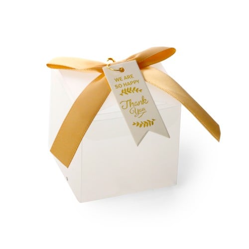 علب توزيعات بلاستيك شفافة بشريطة ذهبية + تعليقة ور...