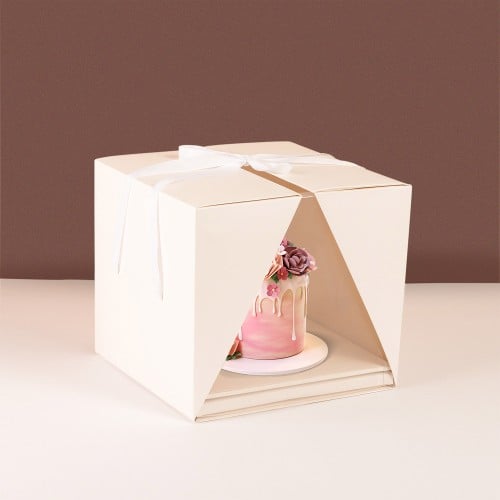 صندوق الكيك الفاخر بلون أبيض ونوافذ شفافة مع شريطة...