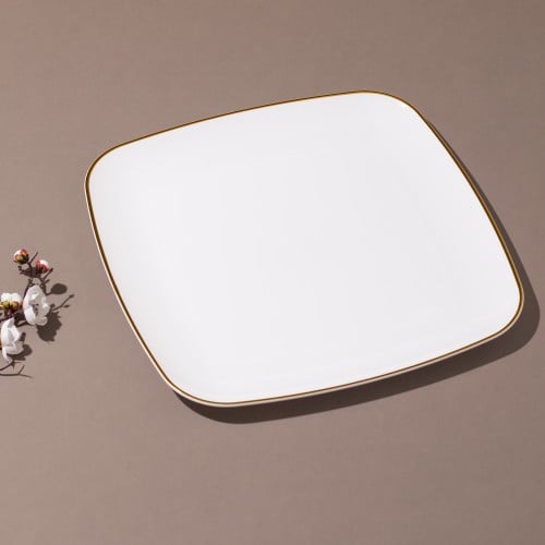 صحن بلاستيك ابيض مربع بأطراف ذهبية |36 سم