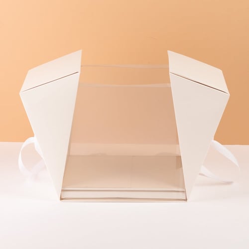 صندوق الكيك الفاخر بلون أبيض ونوافذ شفافة مع شريطة...