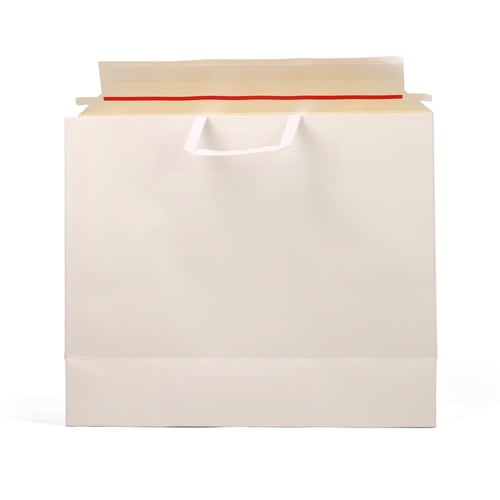 كيس ورق لون ابيض بلاصق للإغلاق ومسكة علوية لون أبي...