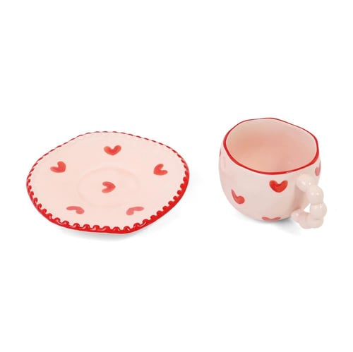 كوب سيراميك مع صحن بمسكة يد شكل قلب لون سماوي